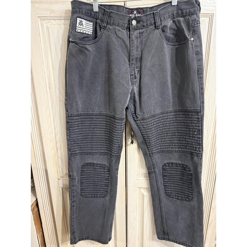 Red Ape Black Moto Stretch Jeans Biker Sz 40x29 Ribbed Knee Thigh Y2K Urban